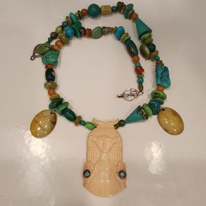Carved Goddess w. natural turquoise and topaz stone necklace w hook closure OOAK